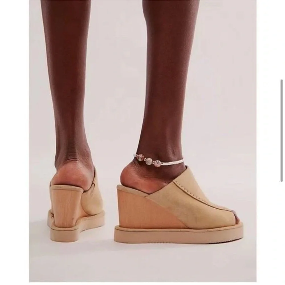 Free People Chunky Wedges Sandals Suede Tan Leather Slide Heel Shoes 8 1/2